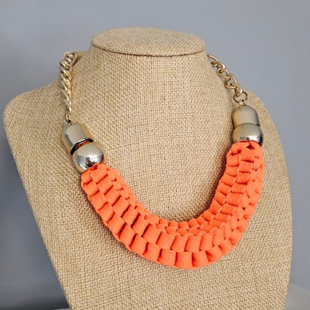 Accessories Chunky Interwoven Orange Fabric & Gold-Tone Metal Statement Necklace